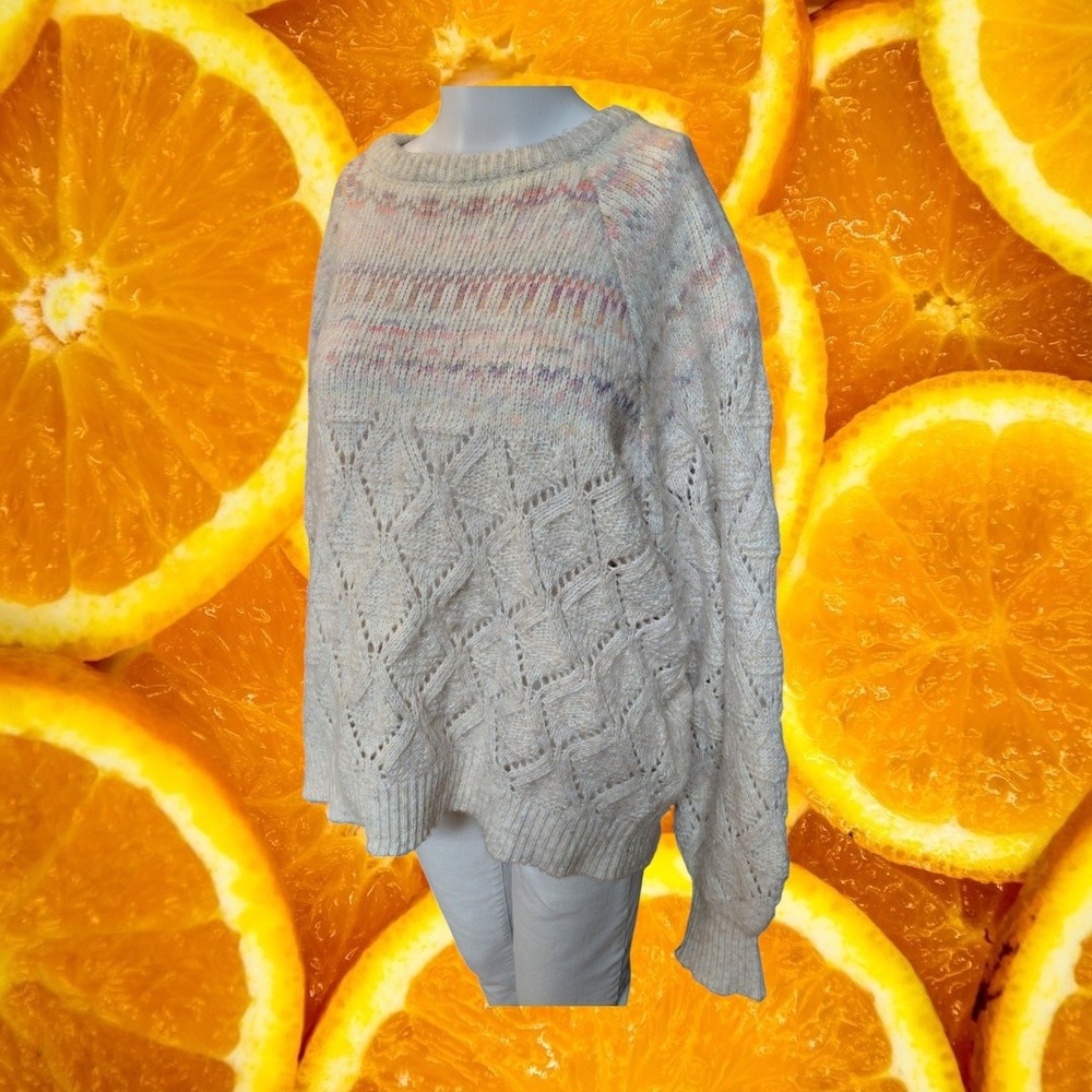 Democracy Womens XL Cream Pointelle Fair Isle Knit Sweater Pastel Raglan